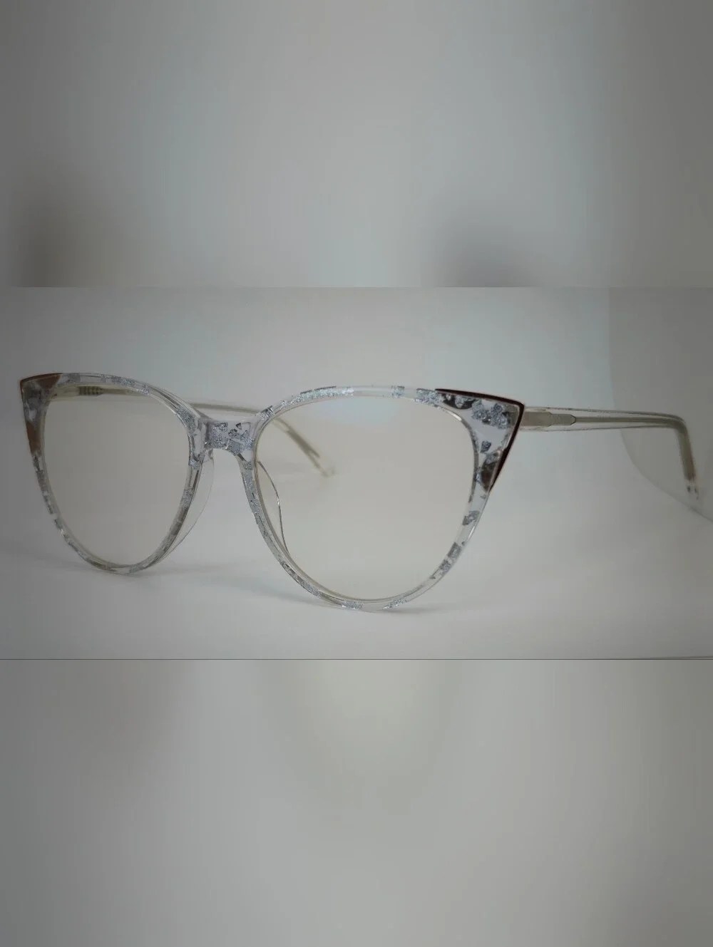 Celebrate. Clear Silver-Accent Cat Eye Womens Glasses. Rose Gold Corners.